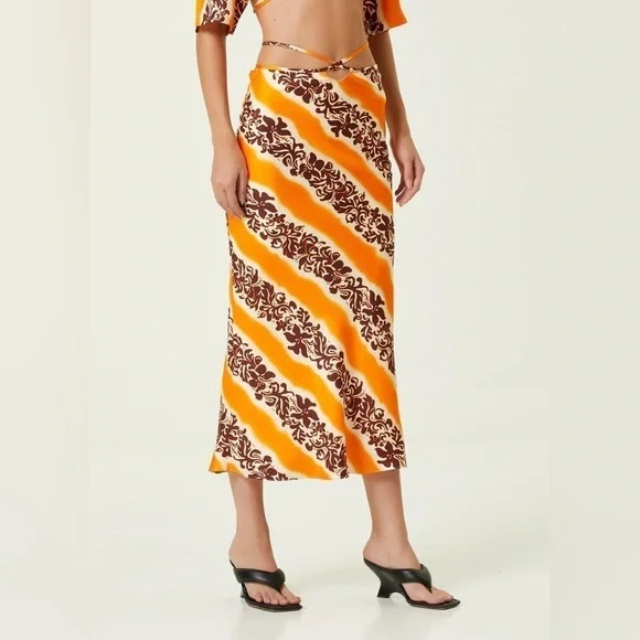 Christopher Esber Revolve Midi Silk Satin Orange Hibiscus Tie Waist Womens 8 New - Picture 1 of 8